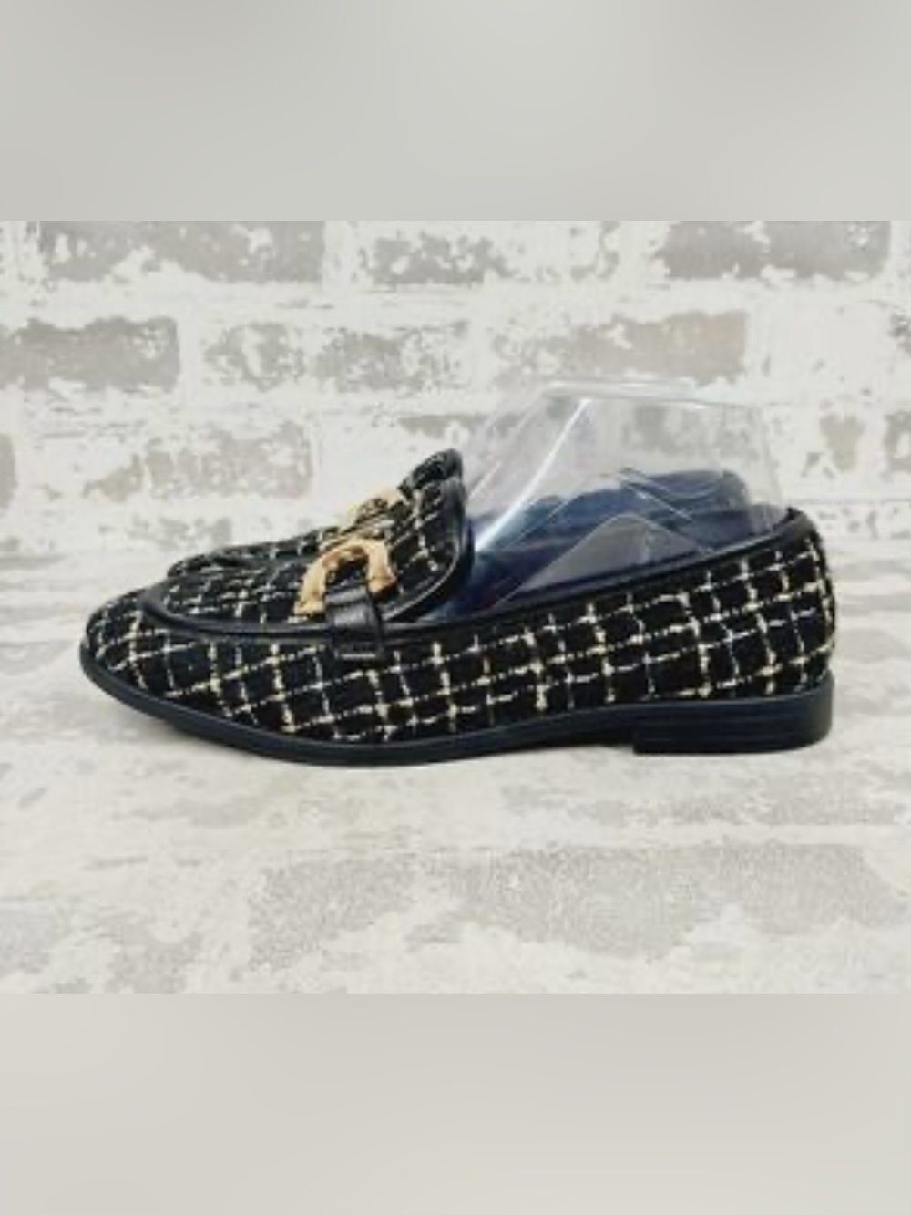 Kenneth Cole 9.5 Larisa Black White Tweed Gold Tone Horsebit Detail Loafers